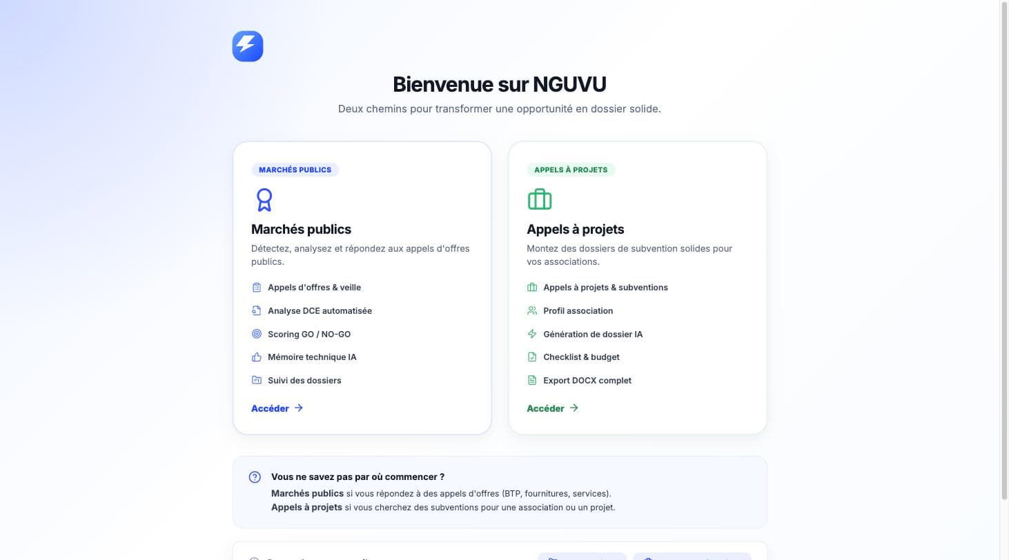Aperçu NGUVU — écran 1